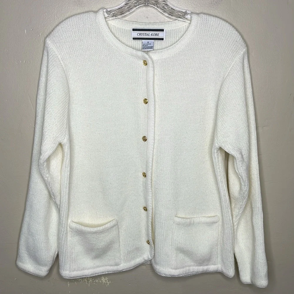 VINTAGE Crystal-Kobe Cardigan Sweater Cream Gold Decorative Buttons Classic Sm
